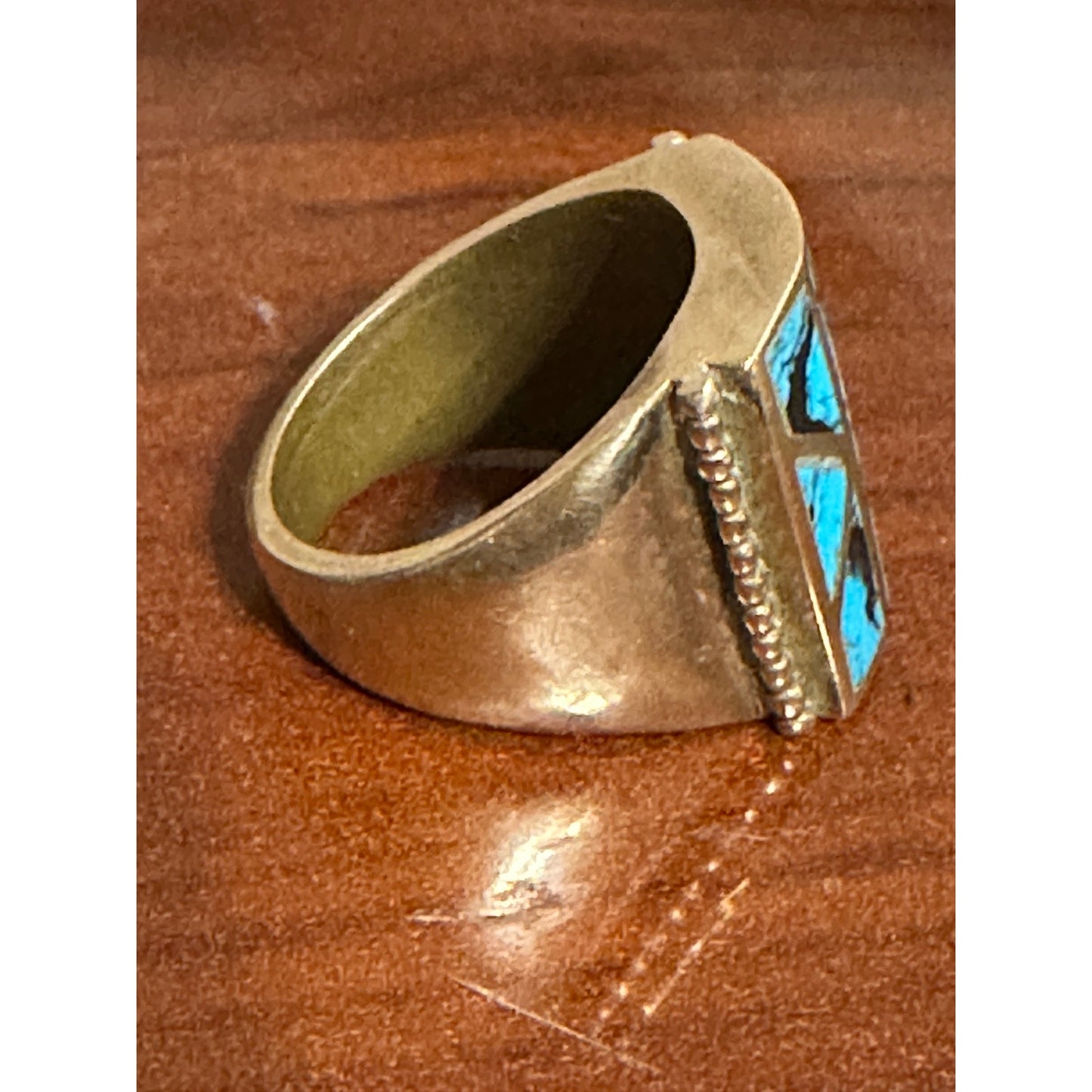 Vintage Goldtone Brass Big Bold Chunky Inlaid Turquoise Ring Size 10