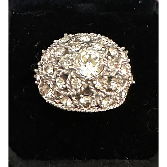 Vintage Crown Trifari Silvertone Rhinestone Chunky Adjustable Ring
