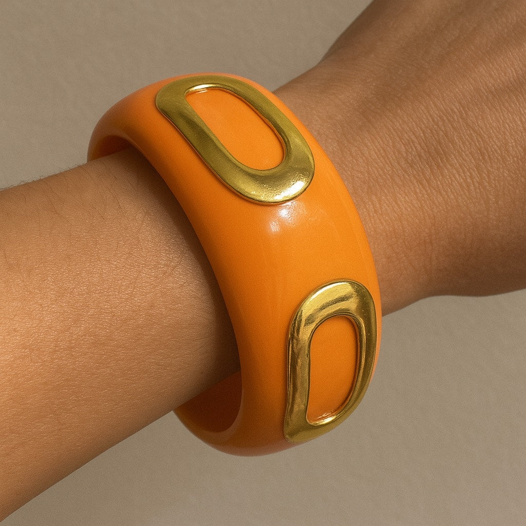 Vintage Mod Orange Resin Bangle Bracelet w/ Raised Gold Tone Overlays Chunky Bold