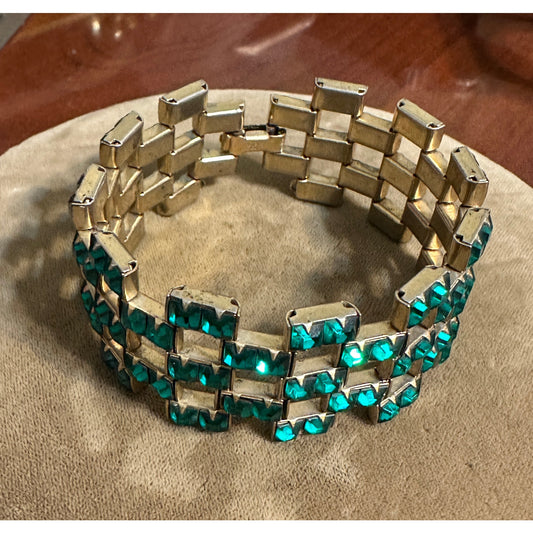 Vintage Green Square Wide Link Bracelet GoldFilled Clasp