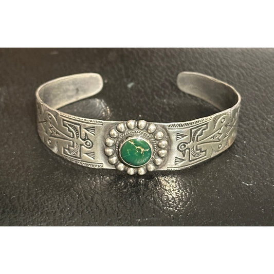 Vintage Fred Harvey Era Sterling Silver Thunderbird Green Turquoise Native Cuff Bracelet