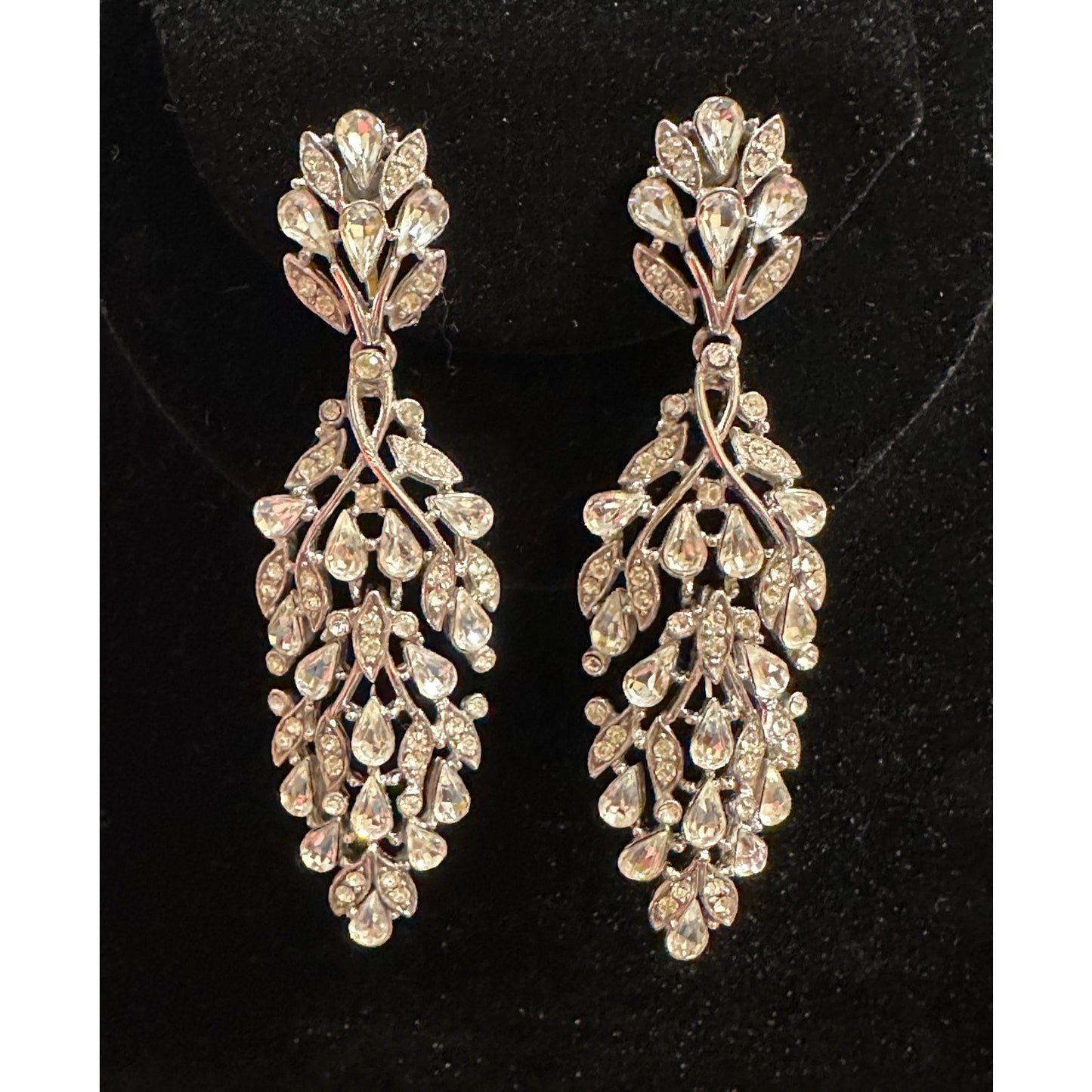Vintage Crown Trifari Double Segmented Huge Rhinestone Dangle Drop Clip Earrings