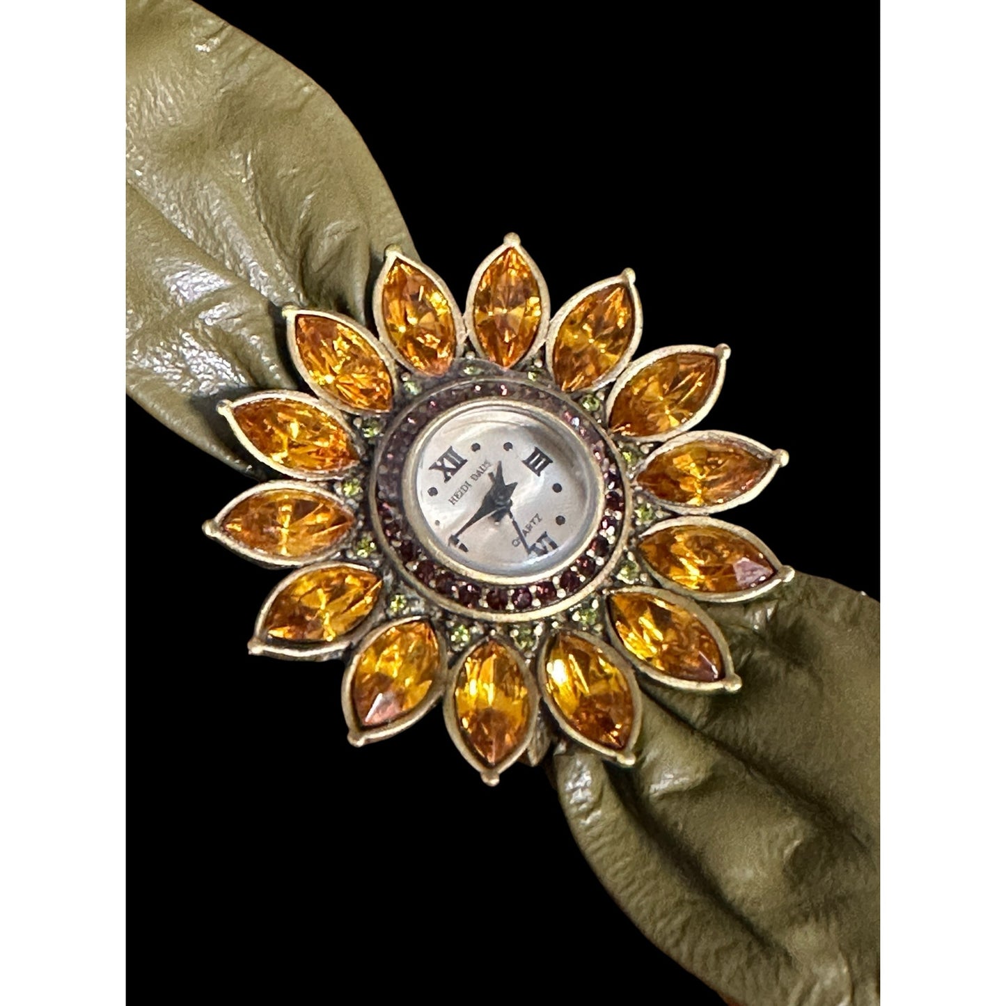 Heidi Daus Crystal Sunflower Wristwatch Green Ruched Band Working