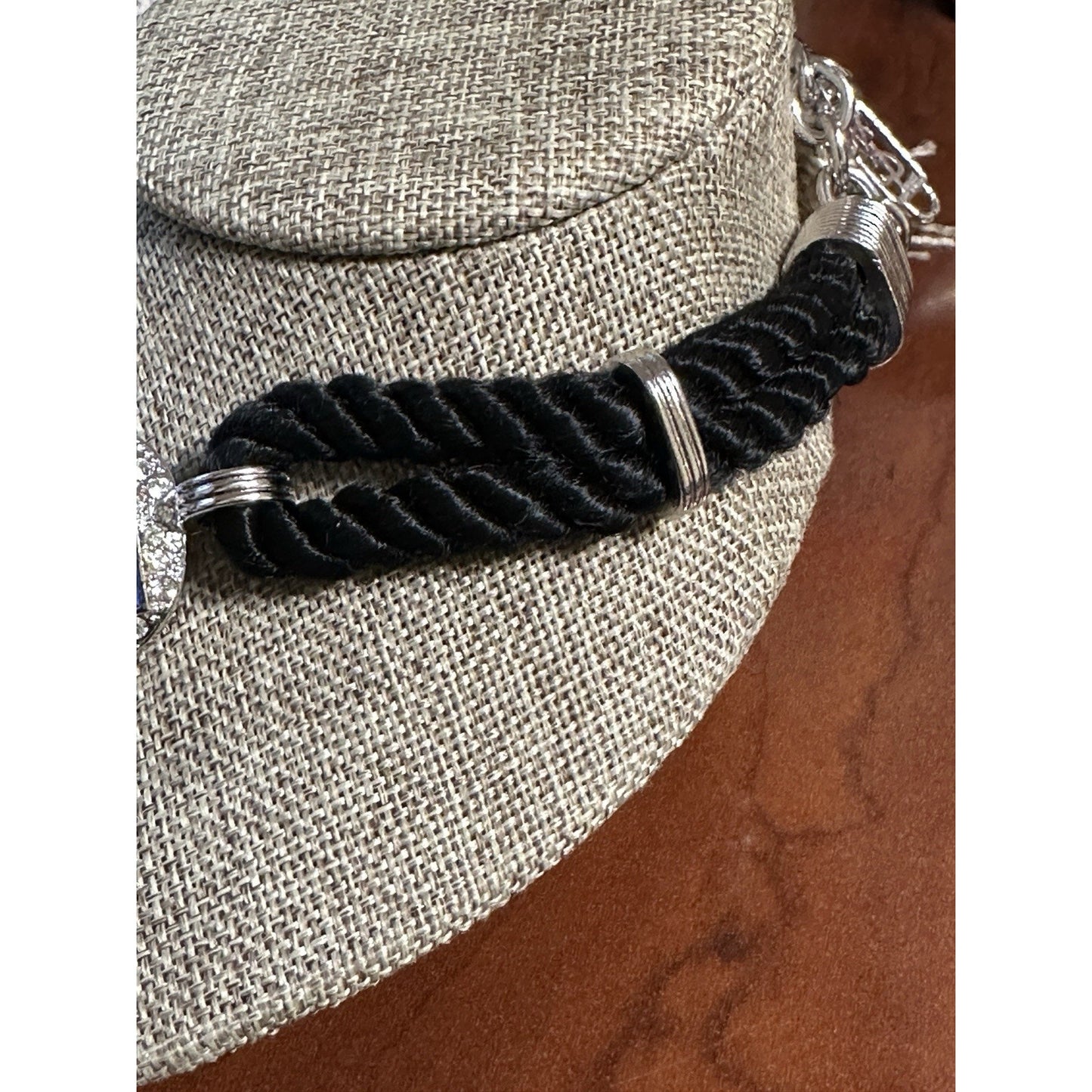 YSL Yves Saint Laurent Blue Crystal Statement Necklace Black Cord Silver Logo