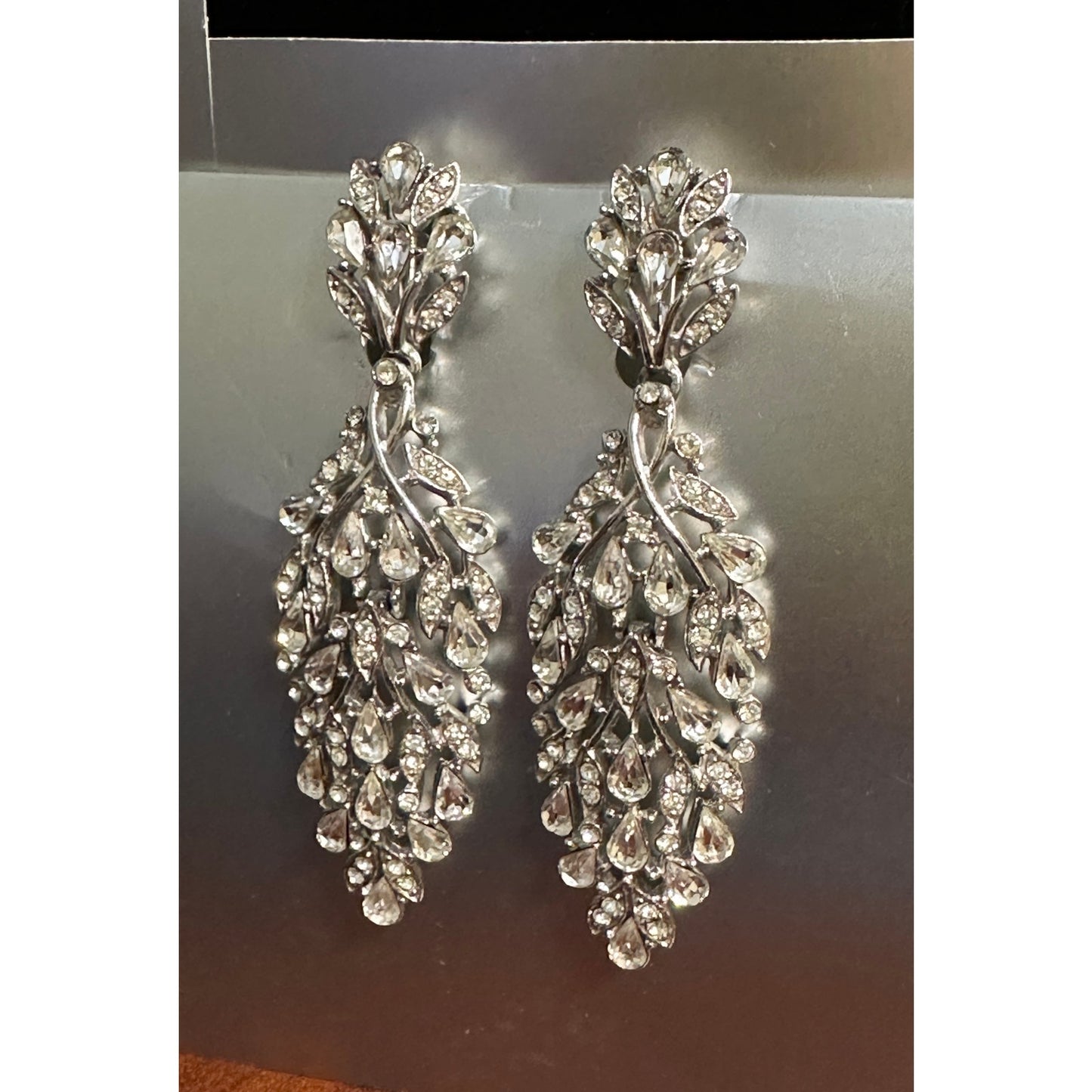Vintage Crown Trifari Double Segmented Huge Rhinestone Dangle Drop Clip Earrings