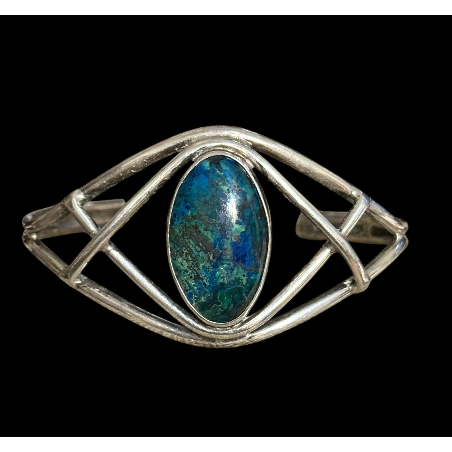 Vintage Modernist Sterling Silver Cuff Bracelet with Azurite-Malachite Stone