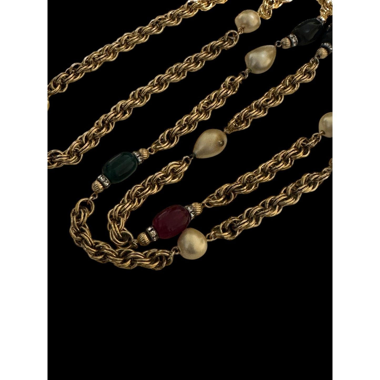 Vintage Givenchy Poured Glass Pate De Verre Gems & Pearls Sautoir Chain Necklace