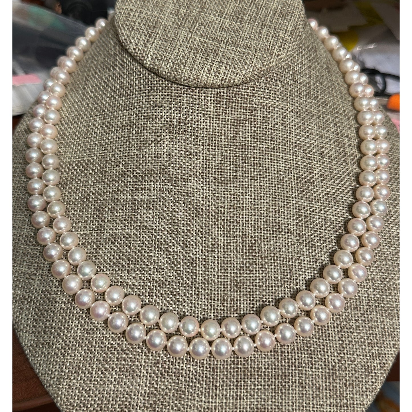 Vintage 14K 585 Gold Akoya 6mm Pearl Necklace Diamond Rope Clasp Double Strand