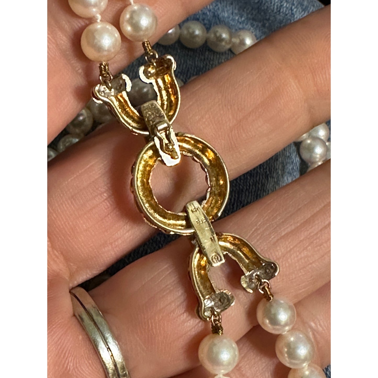 Vintage 14K 585 Gold Akoya 6mm Pearl Necklace Diamond Rope Clasp Double Strand