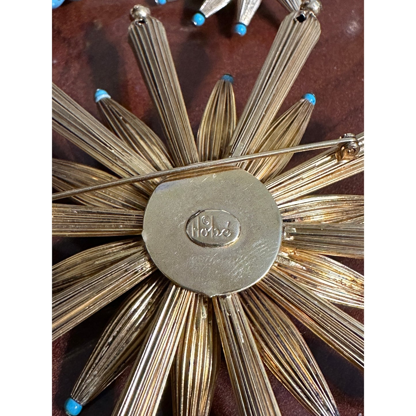 Vintage Large HOBE’ Goldtone Faux Turquoise Brooch & Clip Earrings Set
